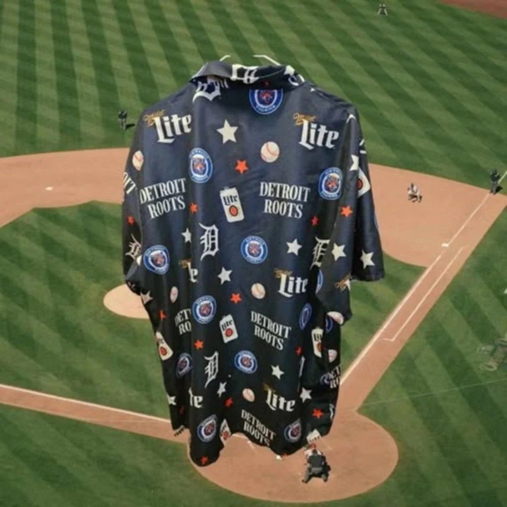 Miller Lite Detroit Tigers Baseball Button Up Party Shirt - Picture 2 of 2